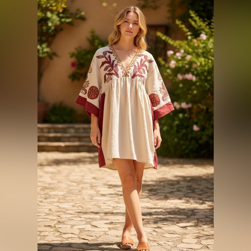 Boho Embroidered Cream & Burgundy Mini Dress